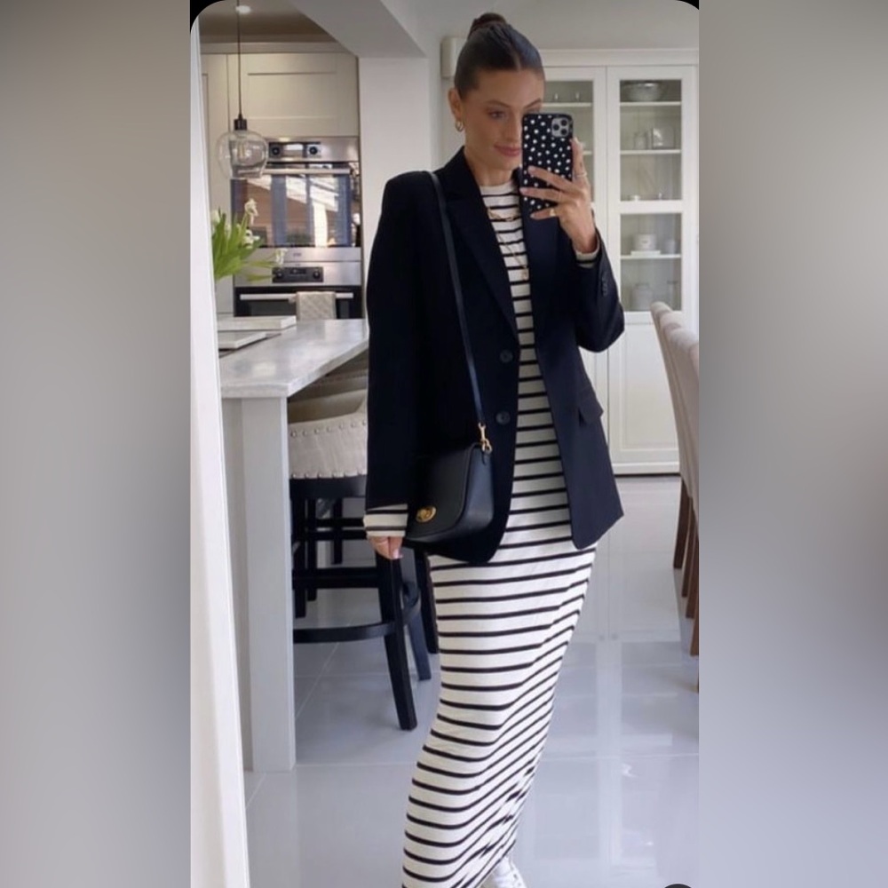 Striped Knit Dress with Black Blazer & Crossbody Bag